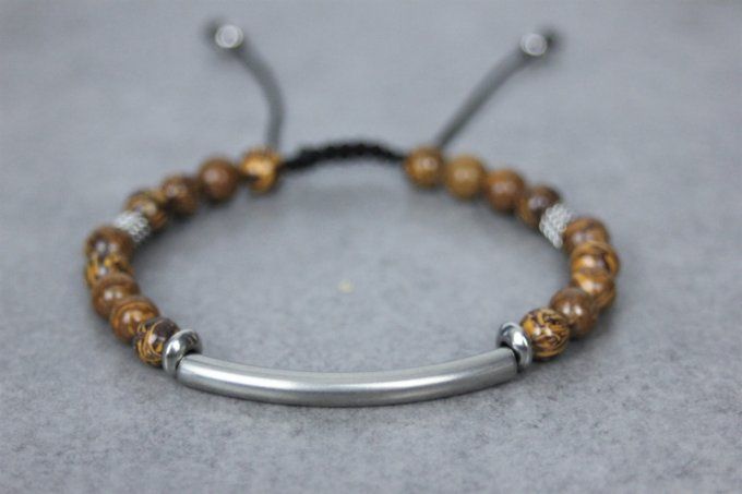 Bracelet perles jaspe peau d'éléphant et perle tube acier inoxydable