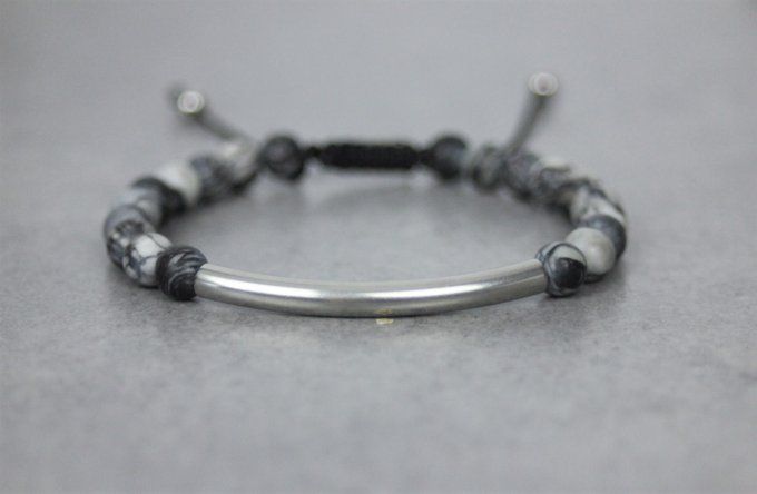 Bracelet perles jaspe picasso mat et perle tube acier inoxydable 