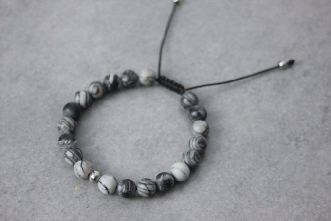 Ensemble de 2 bracelets onyx noir, perles jaspe picasso mat et acier