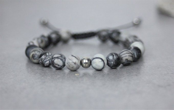 Bracelet perles jaspe picasso et acier inoxydable