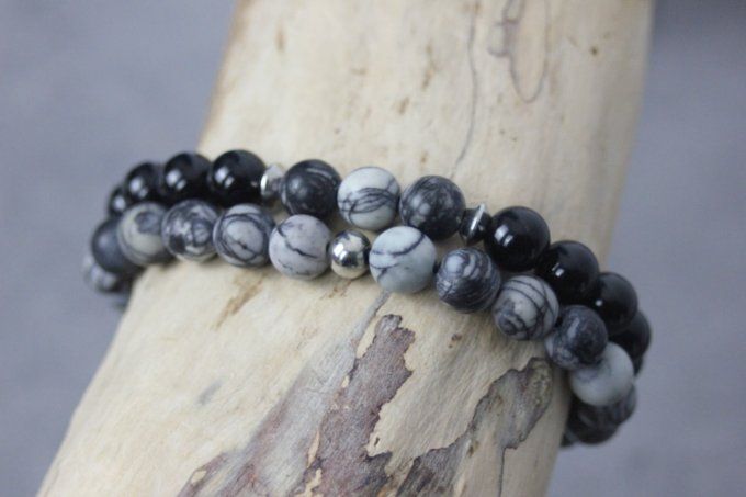 Bracelet perles onyx, jaspe picasso et acier inoxydable