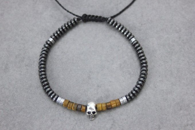 Bracelet perles heishi en oeil de tigre, hématite et tête de mort argent massif