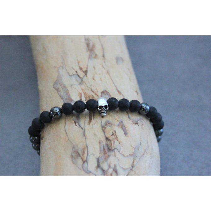 Bracelet perles onyx mat et hématite et tête de mort argent 925