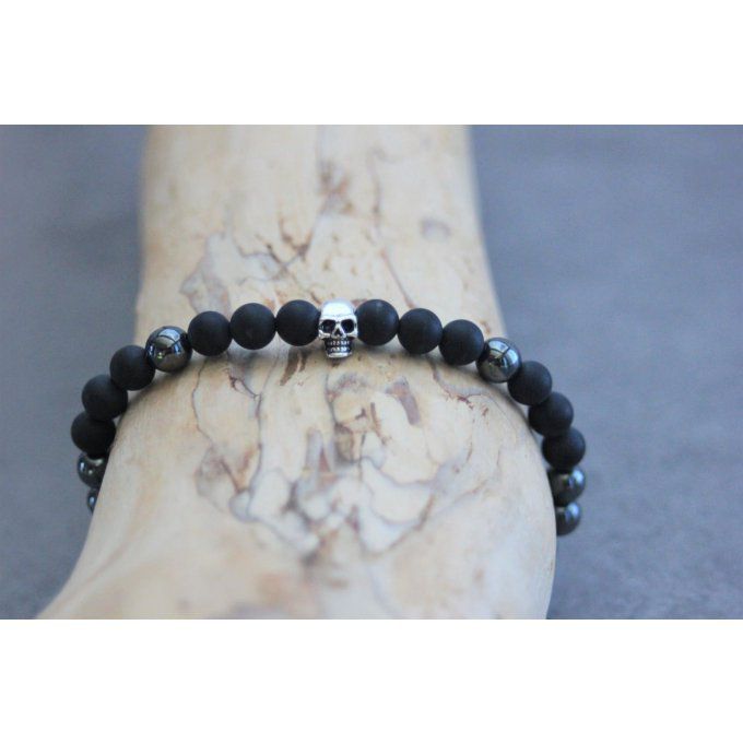 Bracelet perles onyx mat et hématite et tête de mort argent 925