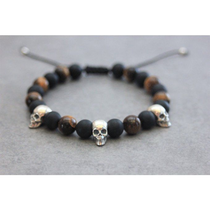 Bracelet perles onyx mat, oeil de tigre et 3 têtes de mort argent 925