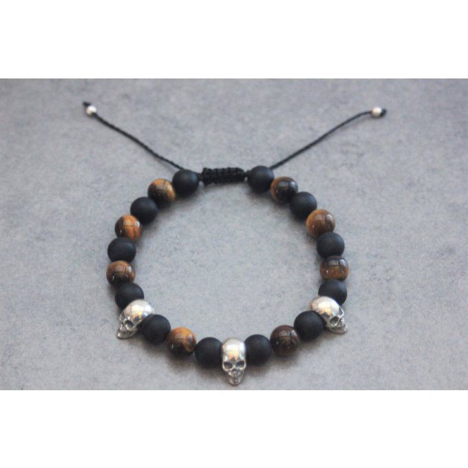 Bracelet perles onyx mat, oeil de tigre et 3 têtes de mort argent 925