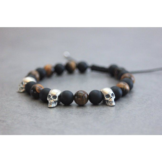 Bracelet perles onyx mat, oeil de tigre et 3 têtes de mort argent 925