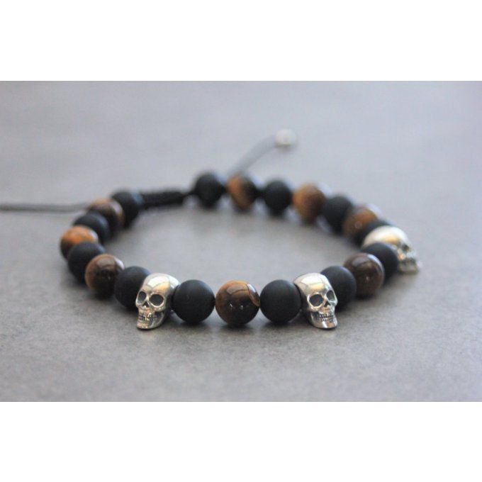 Bracelet perles onyx mat, oeil de tigre et 3 têtes de mort argent 925