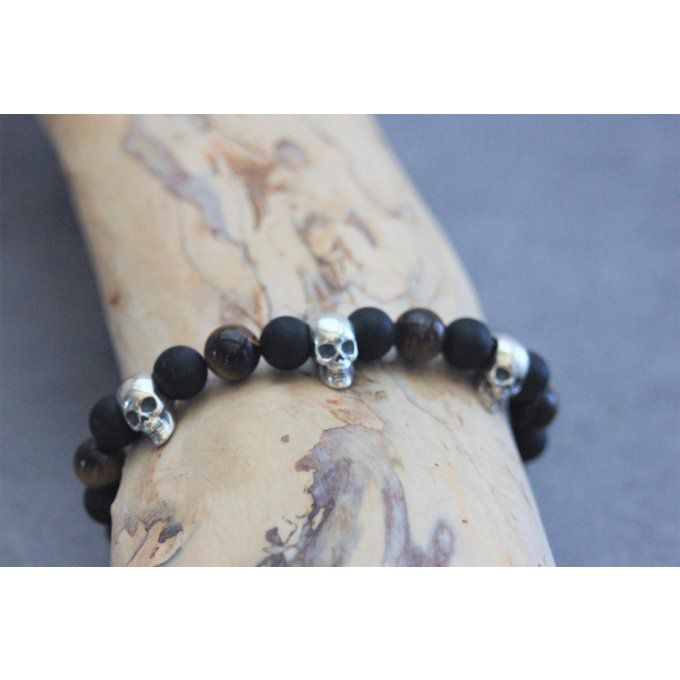 Bracelet perles onyx mat, oeil de tigre et 3 têtes de mort argent 925