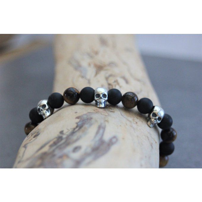 Bracelet perles onyx mat, oeil de tigre et 3 têtes de mort argent 925