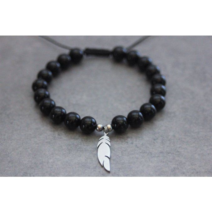 Bracelet perles onyx et plume acier inoxydable