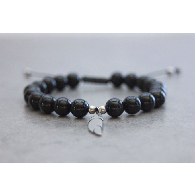 Bracelet perles onyx et plume acier inoxydable