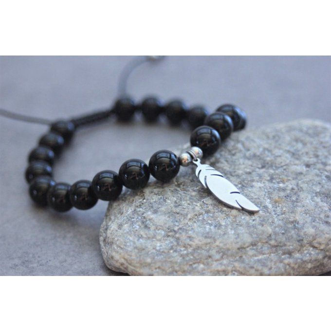Bracelet perles onyx et plume acier inoxydable