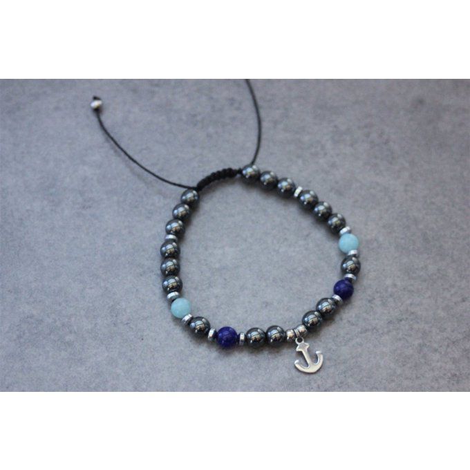 Bracelet perles hématite, amazonite, jade bleu cobalt et ancre marine acier