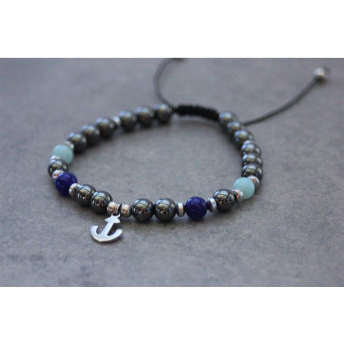 Bracelet perles hématite, amazonite, jade bleu cobalt et ancre marine acier