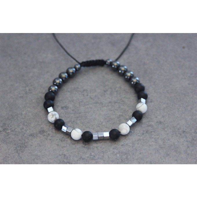 Bracelet perles onyx mat, howlite blanche et hématite