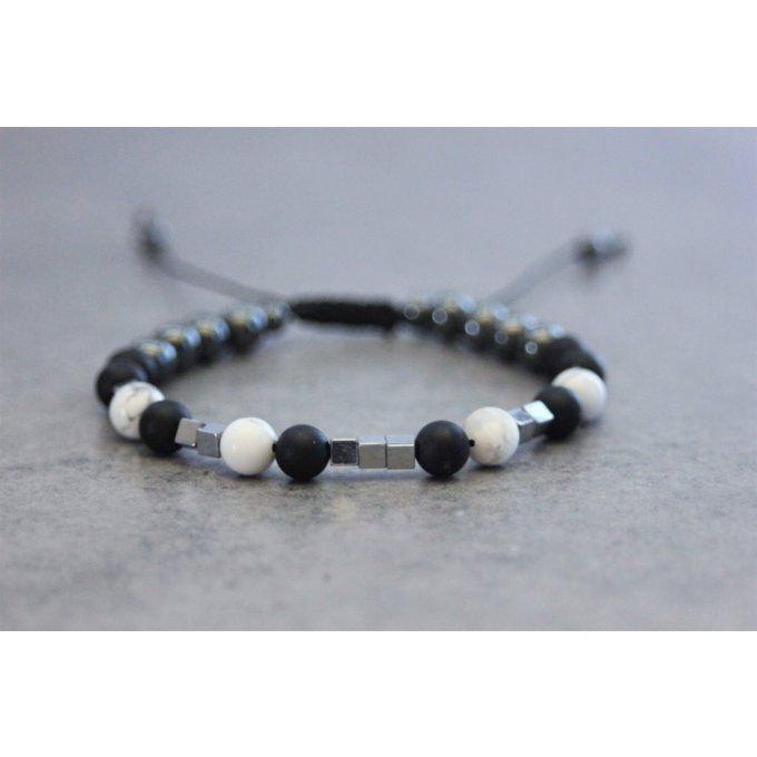 Bracelet perles onyx mat, howlite blanche et hématite