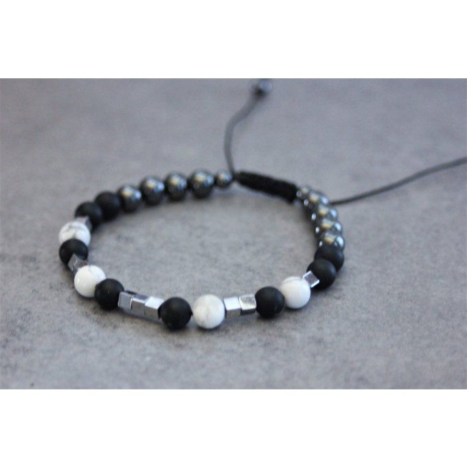 Bracelet perles onyx mat, howlite blanche et hématite