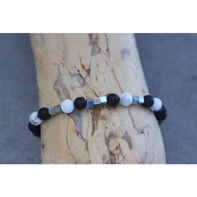 Bracelet perles onyx mat, howlite blanche et hématite