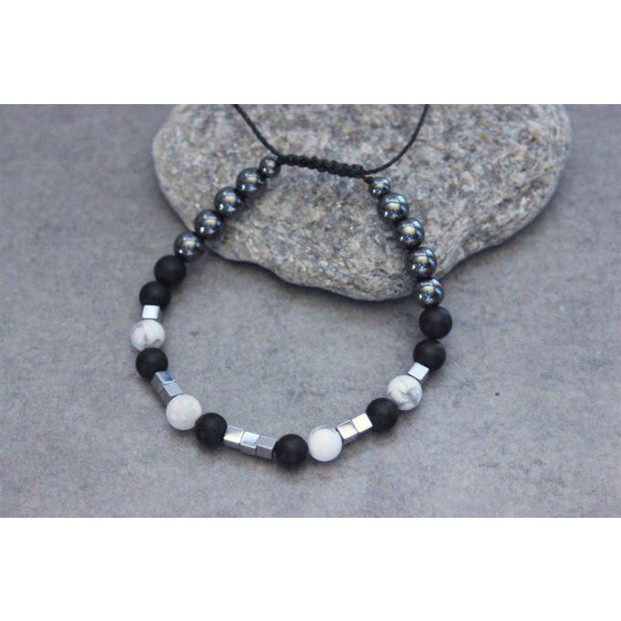 Bracelet perles onyx mat, howlite blanche et hématite