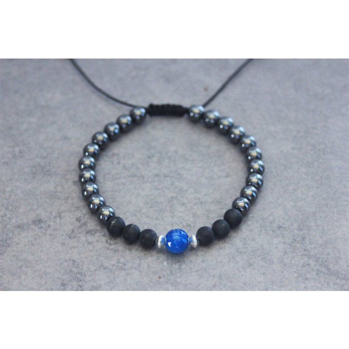 Bracelet perles onyx mat, hématite, agate bleu et argent 925