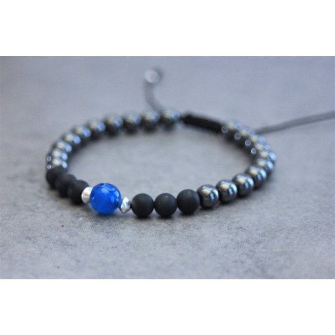 Bracelet perles onyx mat, hématite, agate bleu et argent 925