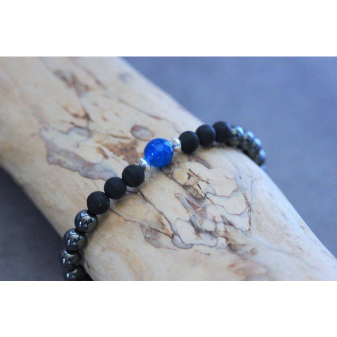 Bracelet perles onyx mat, hématite, agate bleu et argent 925