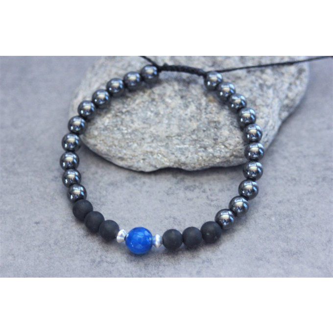 Bracelet perles onyx mat, hématite, agate bleu et argent 925