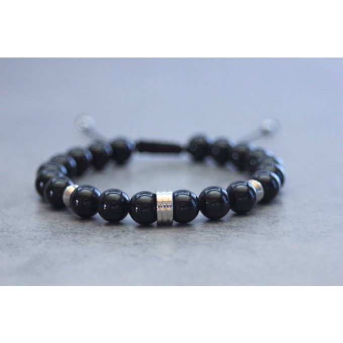 Bracelet perles onyx et rondelle striée acier inoxydable 