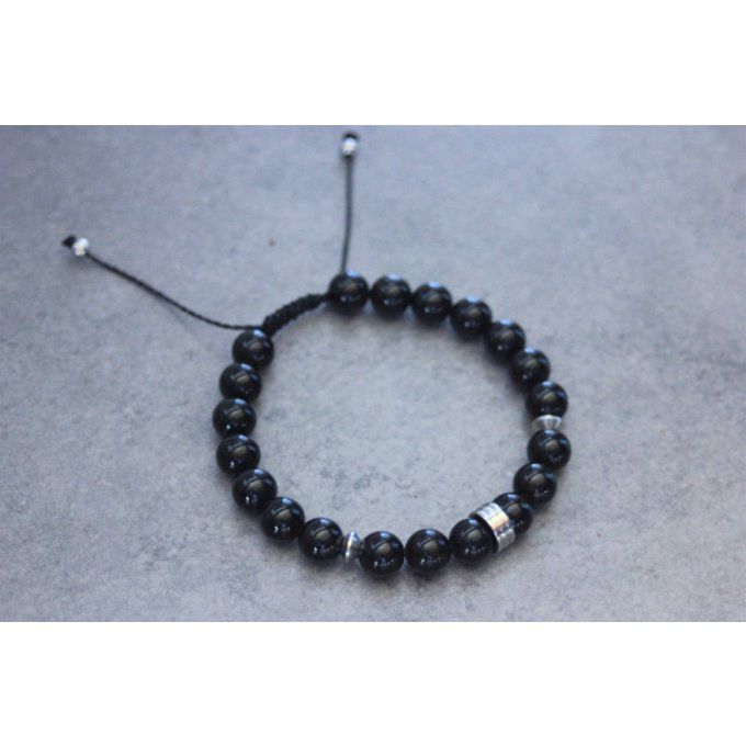 Bracelet perles onyx et rondelle striée acier inoxydable 