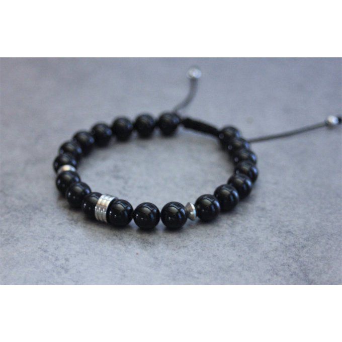 Bracelet perles onyx et rondelle striée acier inoxydable 