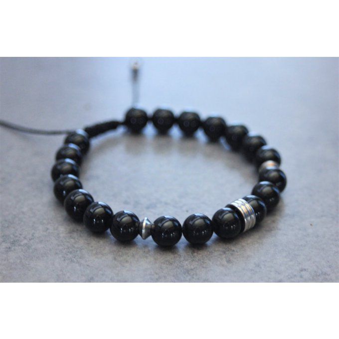 Bracelet perles onyx et rondelle striée acier inoxydable 