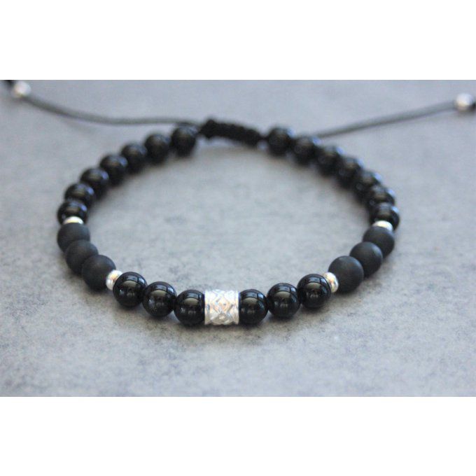 Bracelet perles onyx, onyx mat et argent massif