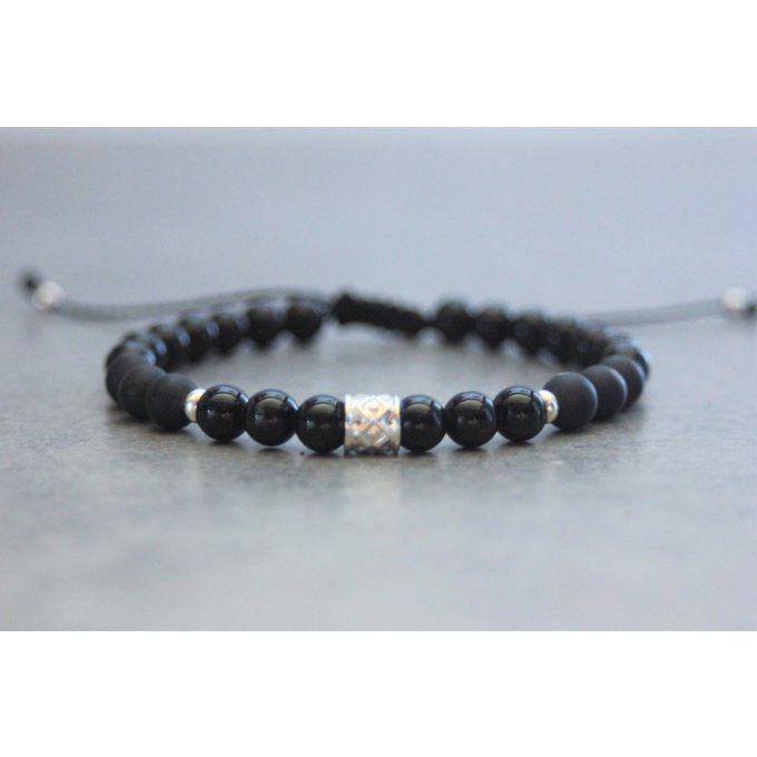 Bracelet perles onyx, onyx mat et argent massif