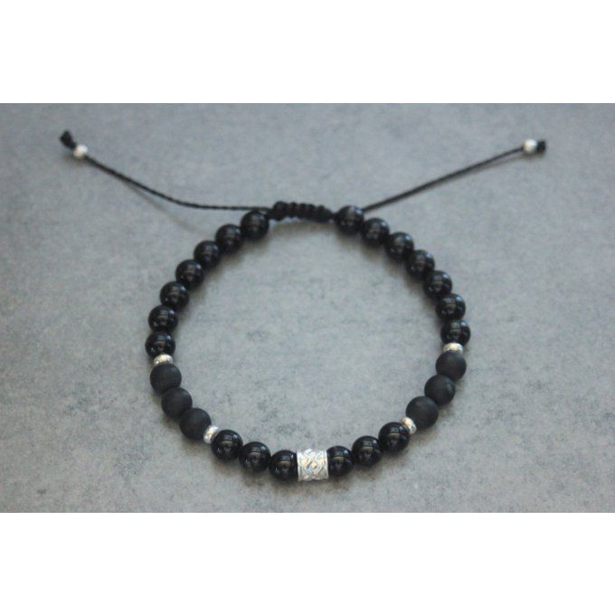 Bracelet perles onyx, onyx mat et argent massif