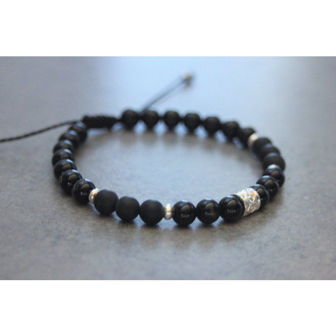 Bracelet perles onyx, onyx mat et argent massif