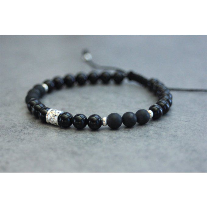 Bracelet perles onyx, onyx mat et argent massif