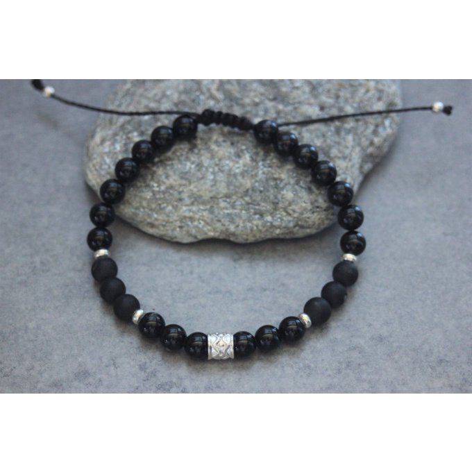 Bracelet perles onyx, onyx mat et argent massif