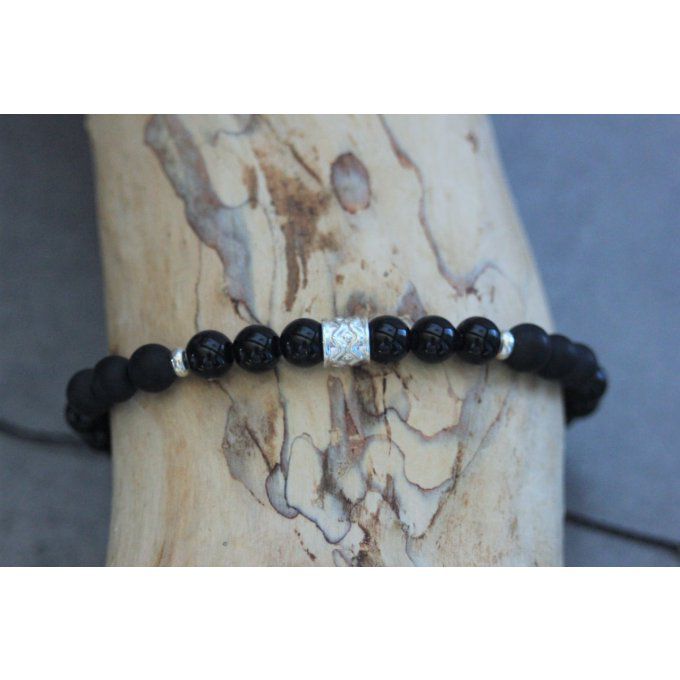 Bracelet perles onyx, onyx mat et argent massif