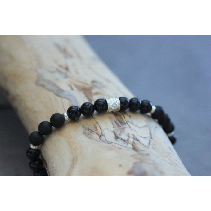 Bracelet perles onyx, onyx mat et argent massif