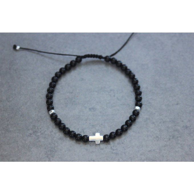 Bracelet perles onyx, perles et croix argent massif 