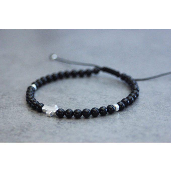 Bracelet perles onyx, perles et croix argent massif 