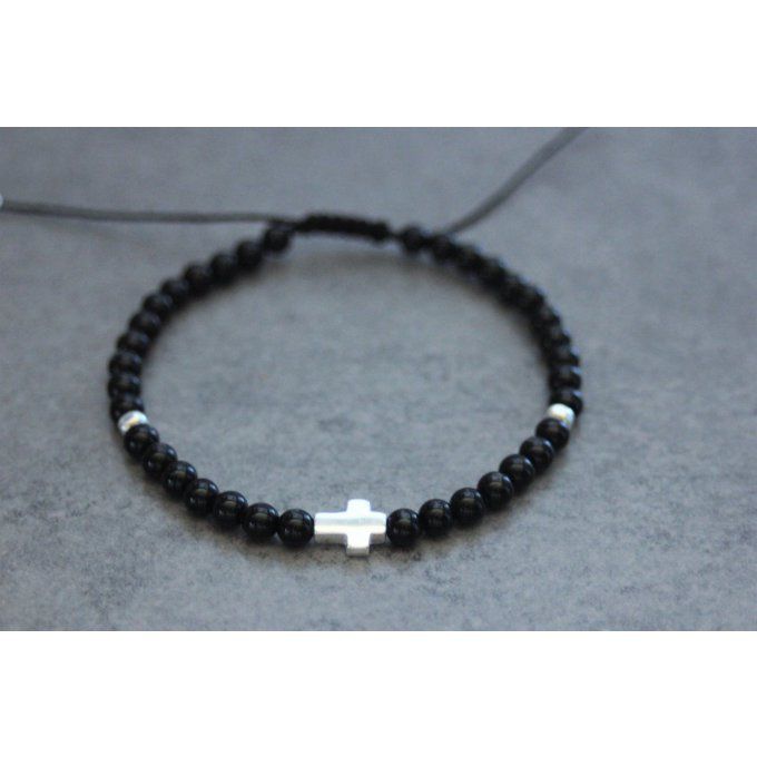 Bracelet perles onyx, perles et croix argent massif 