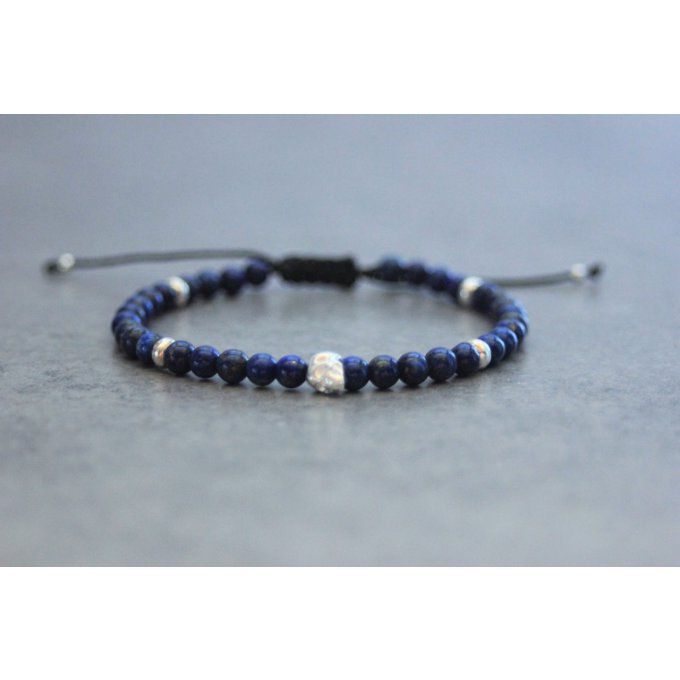 Bracelet perles lapis lazuli et tête de mort en argent massif 