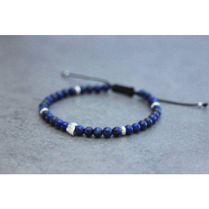 Bracelet perles lapis lazuli et tête de mort en argent massif 