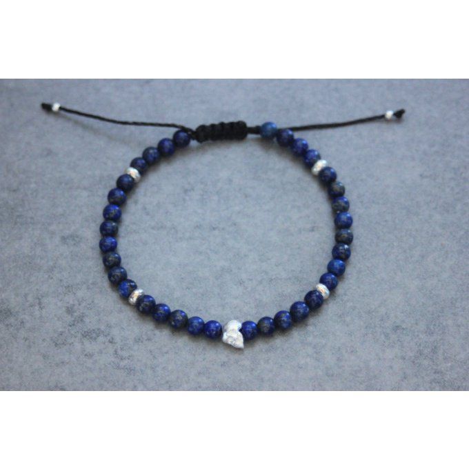 Bracelet perles lapis lazuli et tête de mort en argent massif 