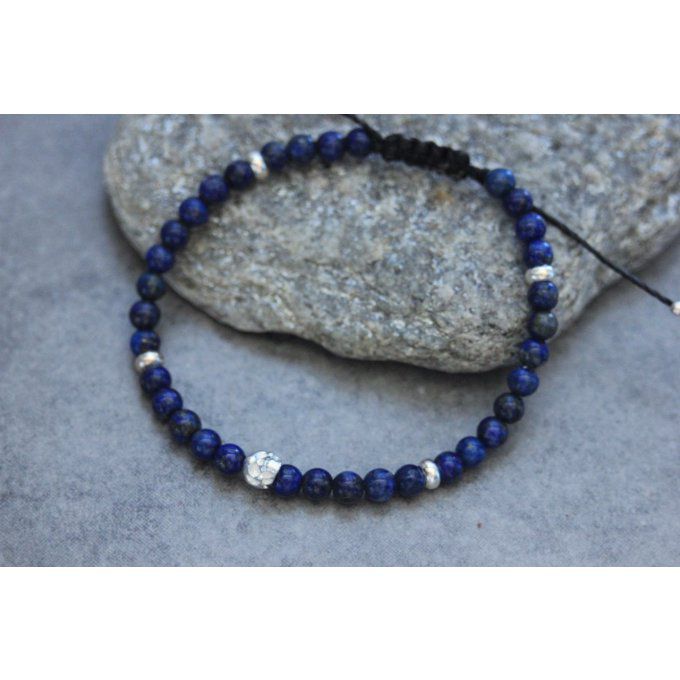 Bracelet perles lapis lazuli et tête de mort en argent massif 