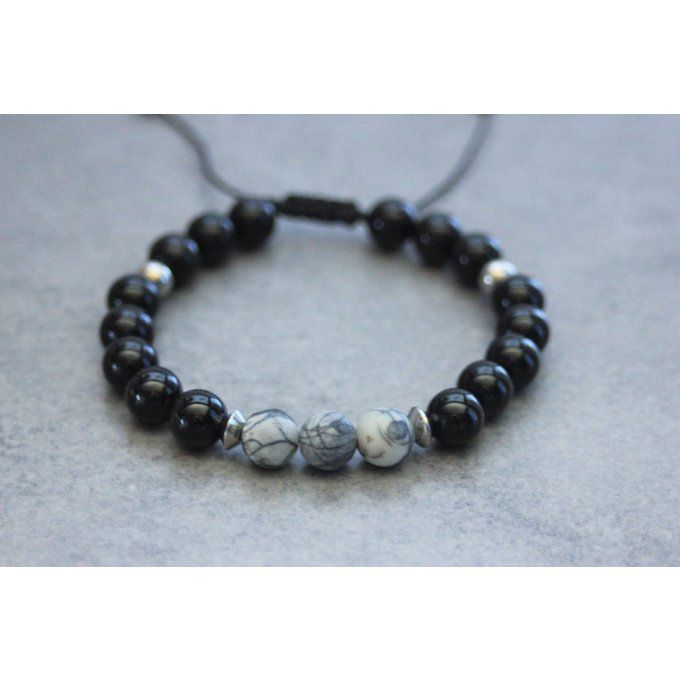 Bracelet perles onyx, jaspe picasso et acier inoxydable