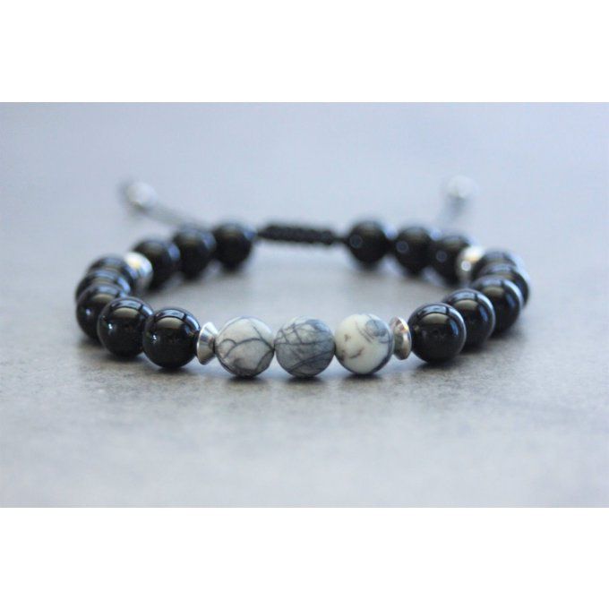 Bracelet perles onyx, jaspe picasso et acier inoxydable