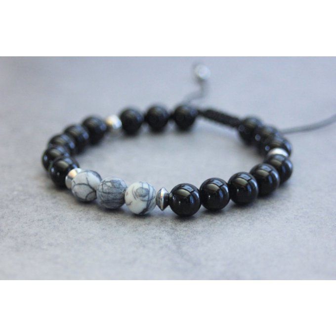 Bracelet perles onyx, jaspe picasso et acier inoxydable